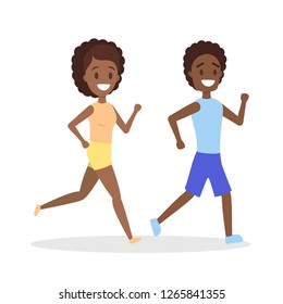 Couple of jogger run together. Sport training and exercise for health. Idea of active lifestyle. Flat vector illustration