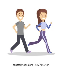 Couple of jogger run together. Sport training and exercise for health. Idea of active lifestyle. Flat vector illustration