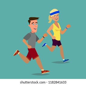 Couple jogging in the city park. the jog-a-Thon, marathon. Vector illustration in cartoon style.