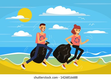 Couple is jogging on the beach picking up litter. Trendy sport plogging which helps to save environment. Isolated on white background. Flat style stock vector illustration.
