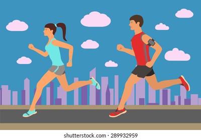 Couple jogging outside in the city. Runners training outdoors