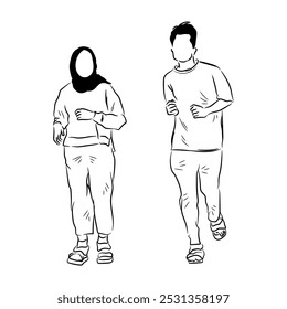 Couple jogging together, hand drawn line drawing vector illustration