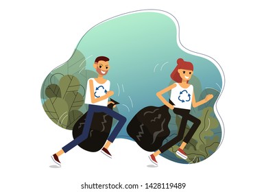 Couple Is Jogging In The Woods Picking Up Litter. Trendy Sport Plogging Which Helps To Save Environment. Isolated On White Background. Flat Style Stock Vector Illustration.
