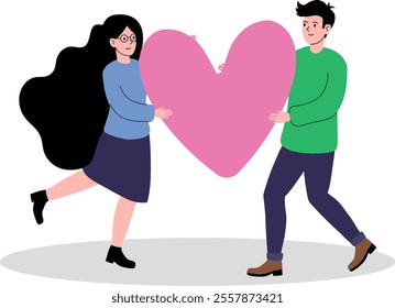 Couple joyfully sharing a large heart symbol in a playful and cheerful setting