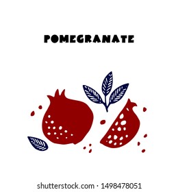 Couple juicy ripe pomegranate fruit whith leaf vector illustration. Isolated white background. Cutting handdrawn pomegranate.