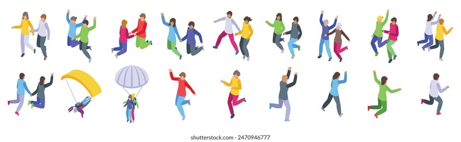 Couple jump icons isometric set vector. A group of people are jumping and playing in the air. Some are holding umbrellas, while others are wearing jackets