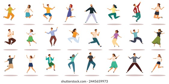 Couple jump icons set cartoon vector. Happy character. Celebrating fun
