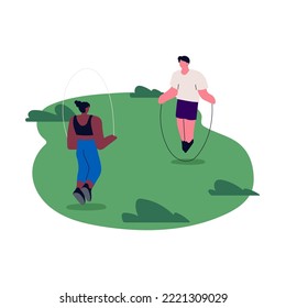 Couple jumping with skipping, jump rope in park. Man and woman during outdoor activity, cardio exercising together, training, workout in nature. Flat vector illustration isolated on white background.