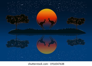 Couple of kangaroos in the Australian savanna at sunset. Two kangaroos silhouette near the river water with reflection.Nature of Australia.Reserves and national parks.Australia Day.Vector illustration