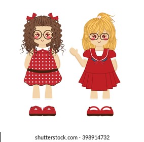Couple of kawaii baby girls on different red clothes with funny cute glasses. Illustration for festive, childish design. Flat cartoon anime style 