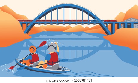 a couple kayak in a lake and takes photo of the train and bridge