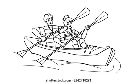 couple kayaking line pencil drawing vector. kayak water, summer adventure, activity young, sport leisure, canoe lake, active fun, sea canoeing, vacation couple kayaking character. people Illustration