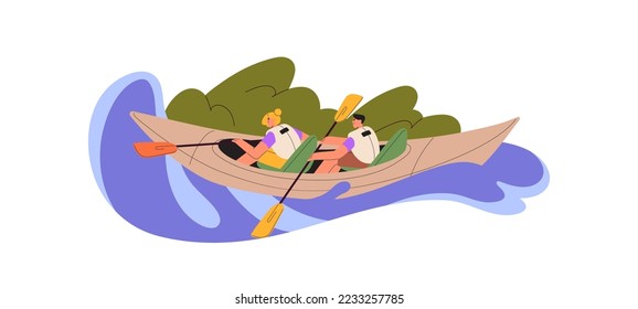 Couple and kayaking sport activity. People kayakers rowing with paddles in double boat, rafting down river. Man and woman in rowboat in summer. Flat vector illustration isolated on white background.