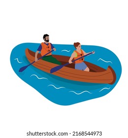 Couple kayaking together illustration. Young couple kayaking on lake together, Kayaking sport competition. Man and woman vacation, Wild and water fun on summer. Vector illustration in a flat style