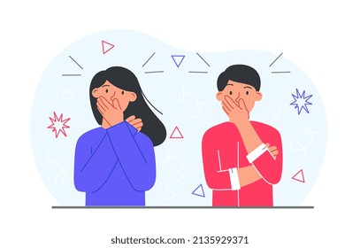 La pareja se mantiene en secreto. El hombre y la niña no hablan entre sí. Información personal, personajes sorprendidos. Amigos cubriendo la boca con sus manos, silencio. Dibujo vectorial plano de dibujos animados