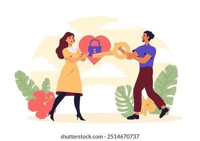 Casal com chave de coração. Homem com chave e mulher com coração. Amor e romance, apoio. Noiva e noivo, namorada e namorado. Ilustração de vetor plano isolada no plano de fundo branco