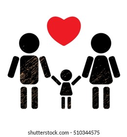 Couple with kid black silhouette isolated on white background. Happy family symbol. Family icon. Design element for flyers or banners.
