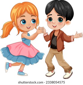 Couple kid different race dancing together illustration