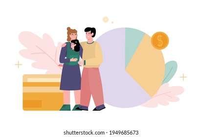 Couple with kid doing planning of family budget, savings, counting finance income