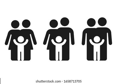 Couple With Kid In Traditional Family And Same Sex Relationship. Simple Black And White Icons, Vector Symbol Set.