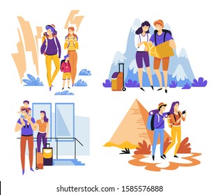 Couple with kid travelling carrying backpacks and sightseeing