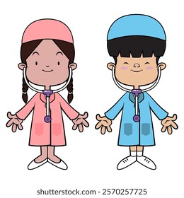 A Couple kids cartoon characters playing as a doctor with medical staff uniform and stethoscope toys. Best for sticker, logo, and mascot with profession themes for kids