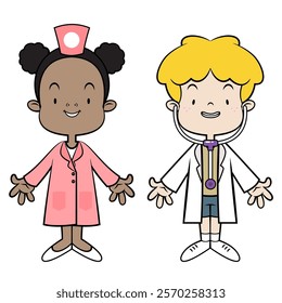 A Couple kids cartoon characters playing as a doctor and nurse with medical staff uniform and stethoscope toys. Best for sticker, logo, and mascot with profession themes for kids