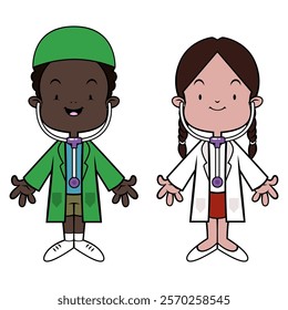 A Couple kids cartoon characters playing as a doctor with medical staff uniform and stethoscope toys. Best for sticker, logo, and mascot with profession themes for kids