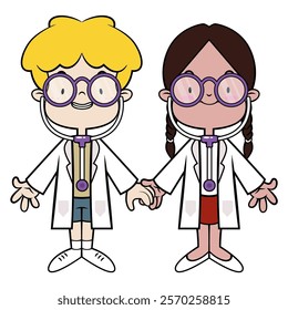 A Couple kids cartoon characters playing as a doctor with medical staff uniform and stethoscope toys. Best for sticker, logo, and mascot with profession themes for kids