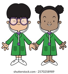 A Couple kids cartoon characters playing as a doctor with medical staff uniform and stethoscope toys. Best for sticker, logo, and mascot with profession themes for kids