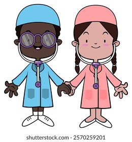 A Couple kids cartoon characters playing as a doctor with medical staff uniform and stethoscope toys. Best for sticker, logo, and mascot with profession themes for kids