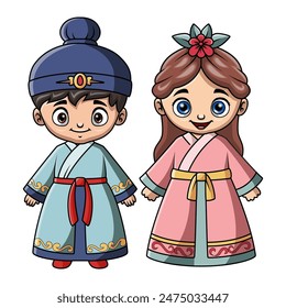 Couple kids cartoon wearing costume Korea