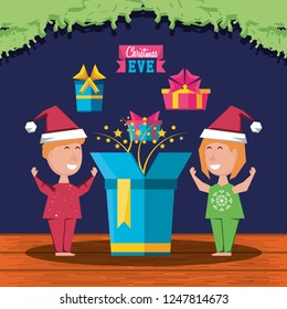 couple kids celebrating christmas in the house
