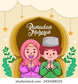 Couple kids character greeting Happy Ramadan and Eid Mubarak celebration vector illustration. Muslim cartoon character in flat style.