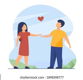 Couple of kids dating outdoors. Children holding hands, red heart shape. Flat vector illustration. Childhood, romance, friendship concept for banner, website design or landing web page