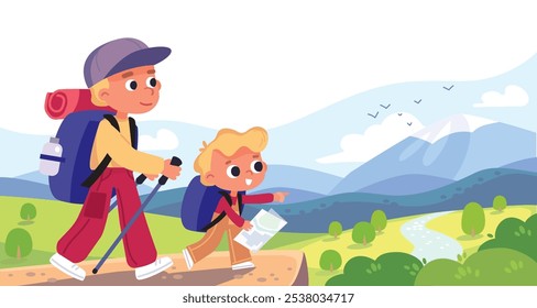 Un par de niños, padre e hijo, familia caminando en las montañas. Niños curiosos con mochilas caminando y explorando los alrededores. Un niño y una niña haciendo descubrimientos.