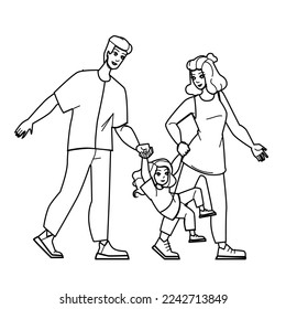 couple kids line pencil drawing vector. woman love child, family man, mother young, together smiling, hom fun, father cheerful, living room, parents couple kids character. people Illustration