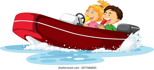 Couple Kids On Dinghy Boat Illustration