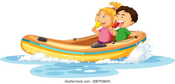 Couple kids on dinghy boat illustration