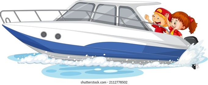 Couple kids on speed boat on white background illustration