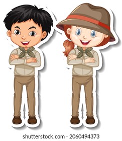 Couple of kids in safari outfit cartoon character sticker illustration