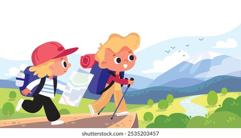 A couple of kids walking in the mountains. Curious children with backpacks walking and exploring the surroundings. A boy and a girl making discoveries.