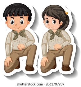 Couple kids wear safari outfit cartoon character sticker illustration