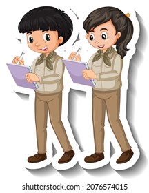 Couple kids wear safari outfit cartoon character sticker illustration