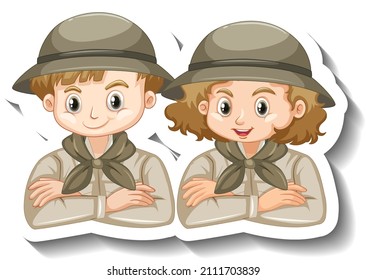 Couple kids wear safari outfit cartoon character sticker illustration