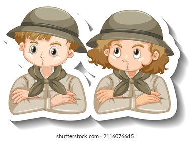 Couple kids wear safari outfit cartoon character sticker illustration