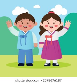 couple kids wearing hanbok in flat style