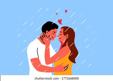 Couple, kiss, date, love concept. Young happy smiling boyfriend and girlfriend man and woman characters kissing hugging holding hands together. Romantic dating and loving relationship illustration.