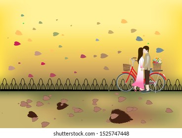 A couple kiss in the garden to farewell autumn with love for  background, vector, illustration