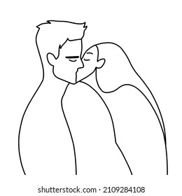 Couple kiss line minimalistic vector illustration, man and woman first kiss, be mine, 14 February art, wedding logo